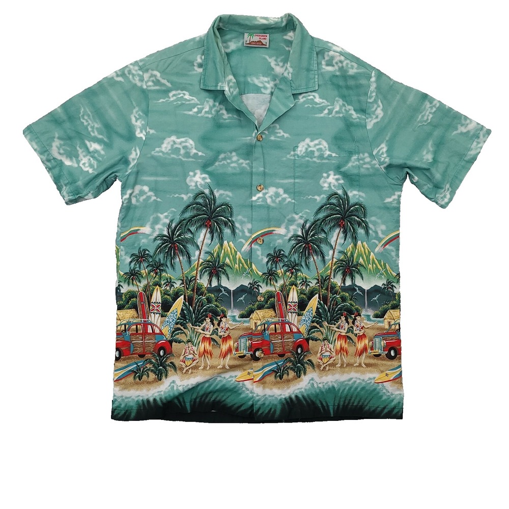Evergreen Island Mens Hawaiian Shirt Large L Short Sleeve VW Bug  Aloha  VTG